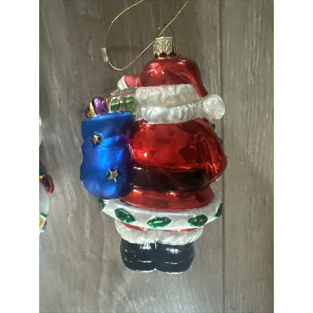 Santa Claus With A Bag Of Toys & Snowman Blown Glass Christmas Tree Ornament 5